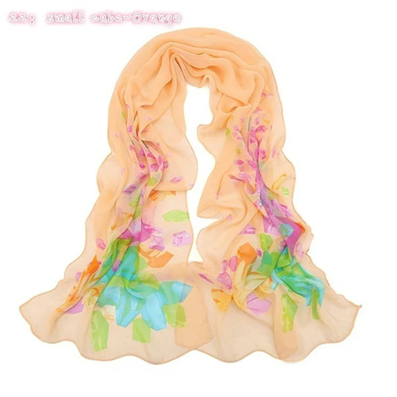 Women’s Chiffon Scarf – Long Butterflies & Branch Pattern Shawl, Elegant Versatile Retro Fashion Accessory