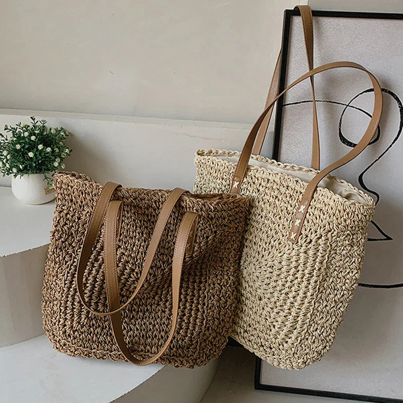 Handmade Woven Straw Beach Bag – Large Capacity Women’s Raffia Shoulder Tote for Summer Travel