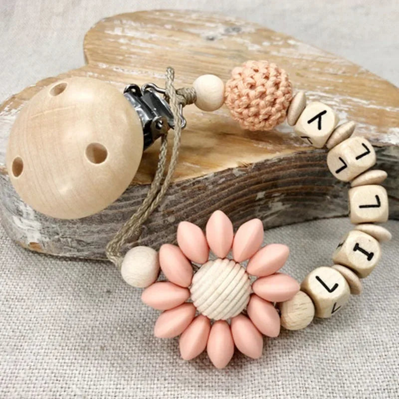 DIY Custom Name Silicone Beads & Wooden Ring Pacifier Clip – Safe Baby Teether, Eco-Friendly Dummy Chain Gift