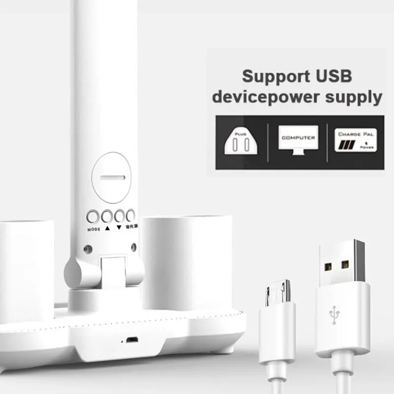 LED Clock Table Lamp – USB Rechargeable, Dimmable Desk Lamp with 2 Heads, 180° Rotate, Foldable, Eye Protection for Reading