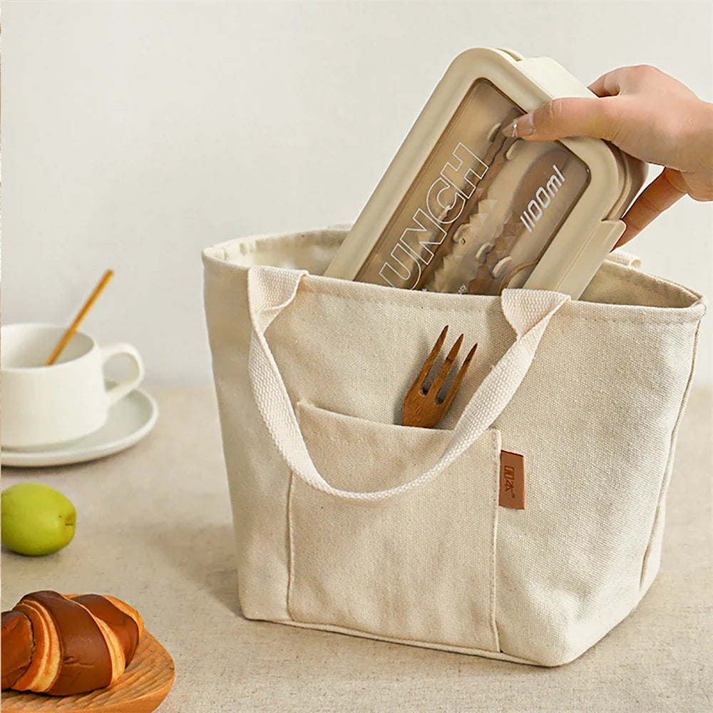 Insulated Canvas Lunch Bag – Large Capacity Reusable Tote with Zipper, Portable Storage Bag for School and Picnic