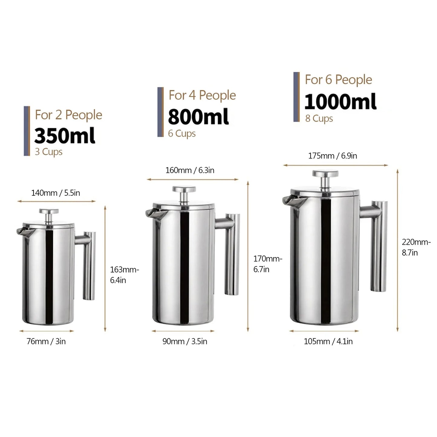 Double-Walled Stainless Steel French Press Coffee Maker Pot – 350ml/800ml/1000ml Insulated Coffee Brewer for Home & Office