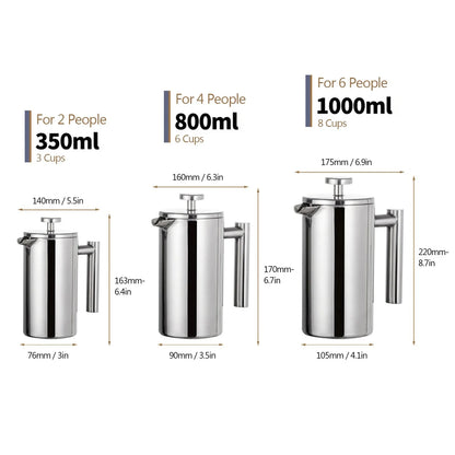 Double-Walled Stainless Steel French Press Coffee Maker Pot – 350ml/800ml/1000ml Insulated Coffee Brewer for Home & Office