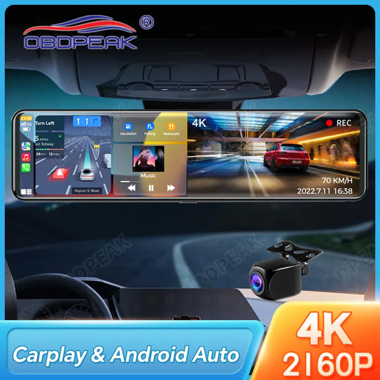 OBDPEAK K4 11.26" Rearview Mirror Dash Cam - 4K 3840x2160P, CarPlay, Android Auto, WIFI, GPS Navigation, Video Recorder