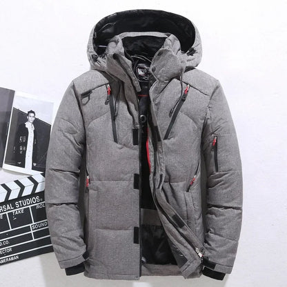 Men's Winter Hooded Puffer Jacket – White Duck Down Coat, Windproof & Warm Outdoor Parka, Size 5