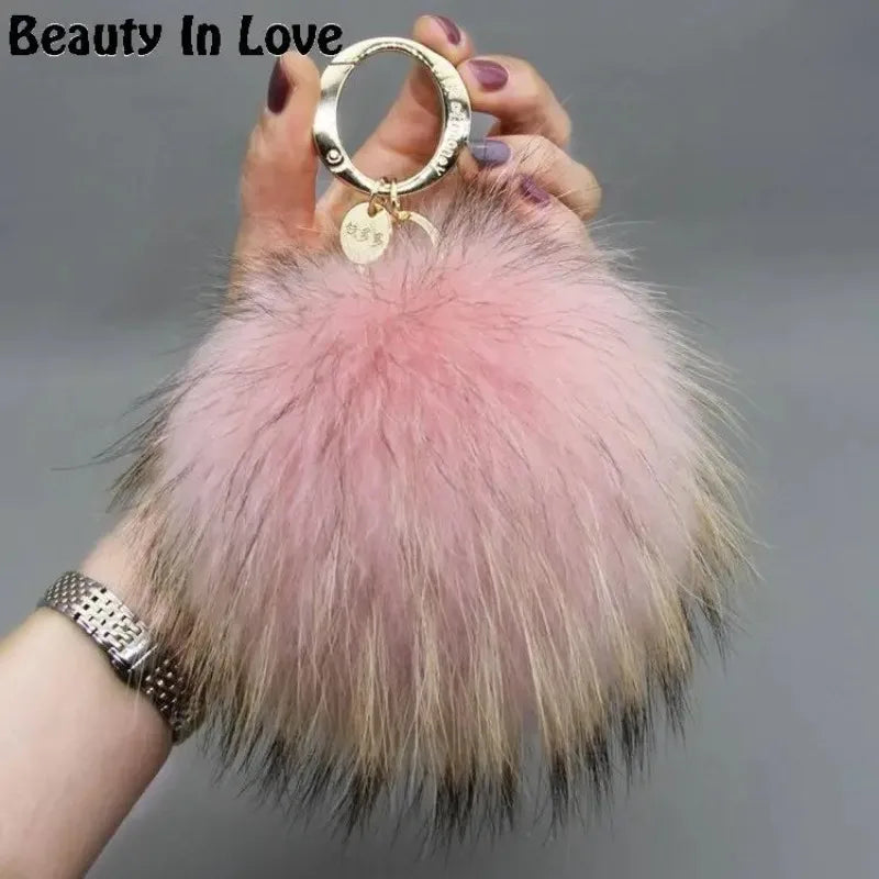Luxury 15cm Fluffy Real Raccoon Fur Pom Pom Keychain – High-Quality Metal Ring Pendant for Women