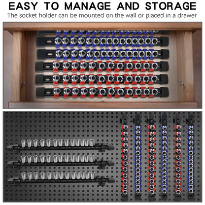 Universal Socket Organizer Rail – 1/4", 3/8", 1/2" Wrench Holder Plastic Bracket for Wall Mount & Home Repair Tools