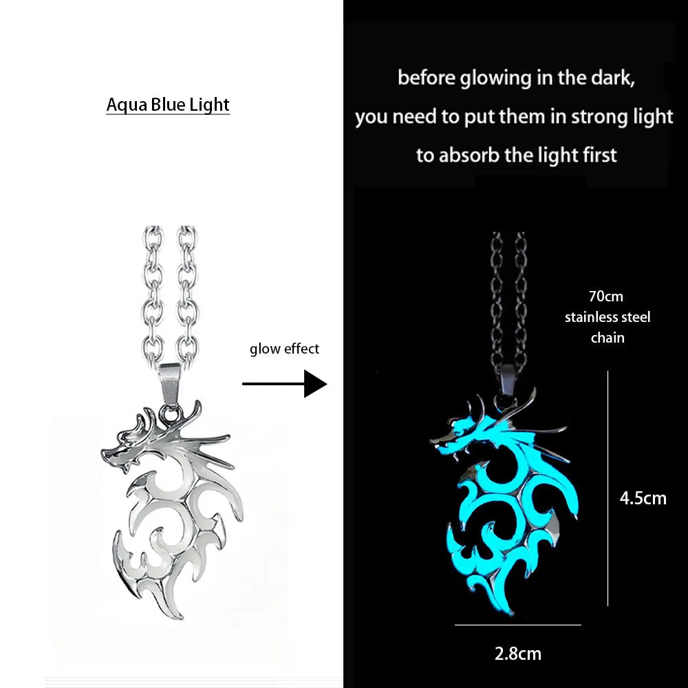 Hip-Hop Rock Dragon Necklace – Stainless Steel Chain with Luminous Alloy Pendant, Glow-in-the-Dark Night Dance Jewelry