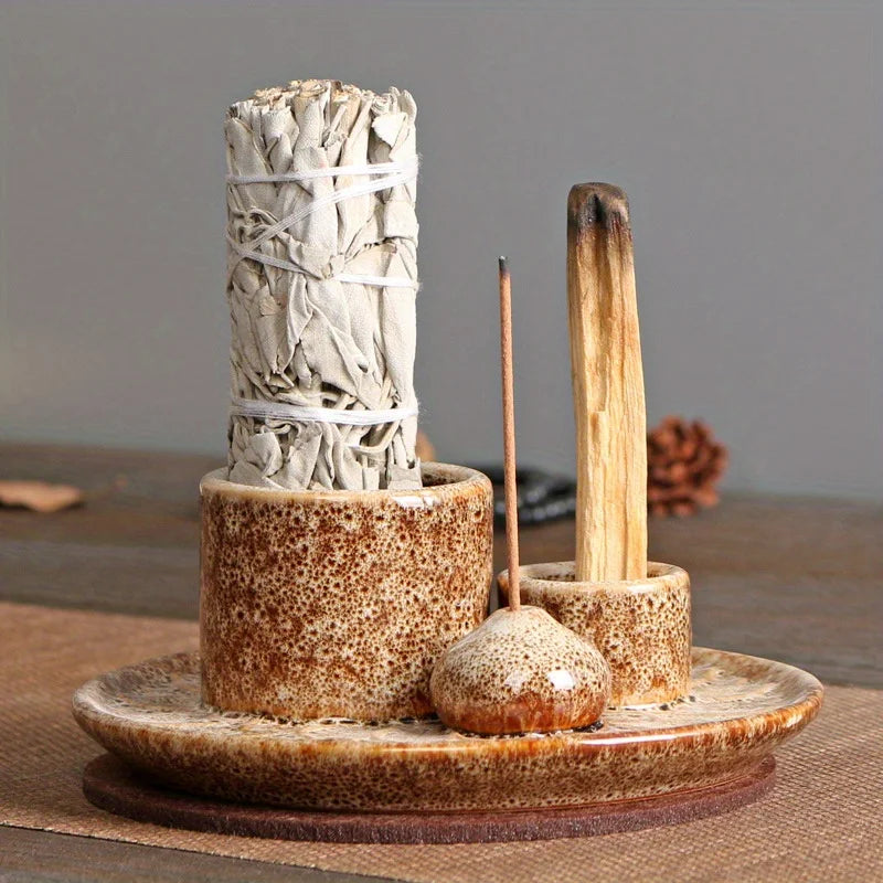 Morandi Ceramic Candle Holder & 4 in 1 Incense Burner – Palo Santo, Sage, Stick & Cone Holder