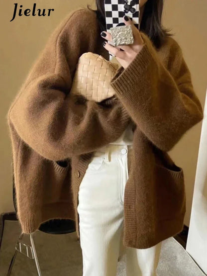 Korean Black V-Neck Knitted Cardigan – Single-Breasted Long Sleeve Loose Casual Women’s Sweater