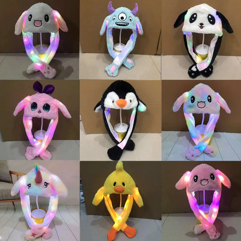LED Glowing Bunny Ear Moving Hat - Cute Animal Cap with Luminous Jumping Plush Ears for Kids' Funny Cosplay Parties