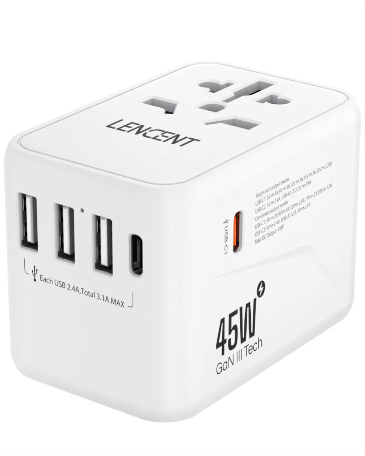 LENCENT International Travel Adapter - All-in-One Wall Charger with 3 USB Ports and 1 Type-C, for US, EU, UK, AUS Travel