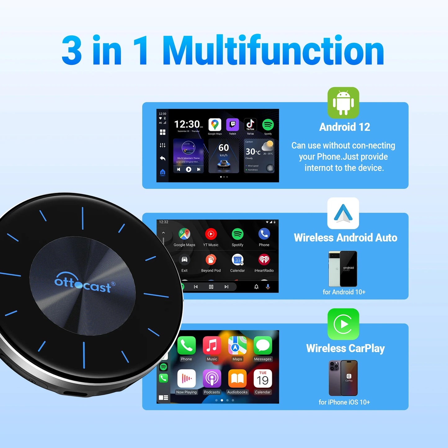 OttoAIBOX P3 CarPlay AI Box — Wireless Android Auto & Mini HDMI TV Box for Toyota, Kia, Hyundai, VW Car Accessories