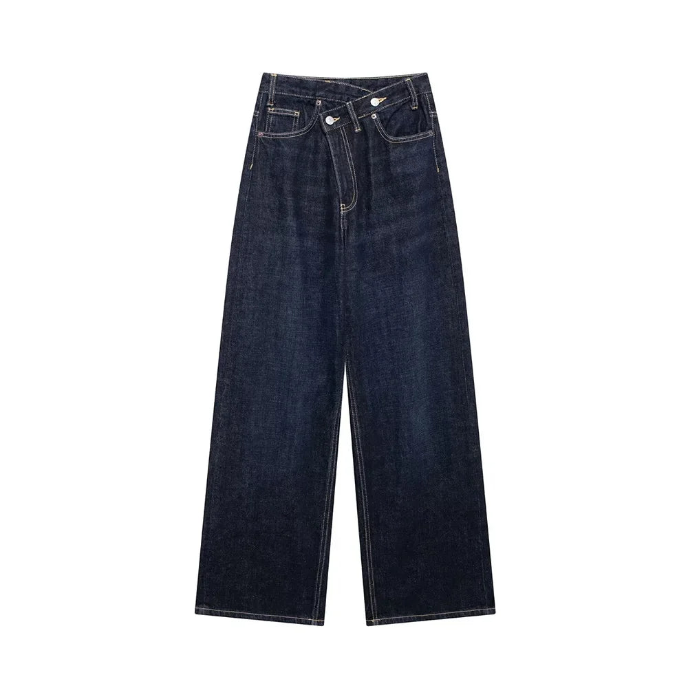 TRAF Women’s Basic Hundred Jeans — High Waist Asymmetric Wide-Leg Trousers, Casual Straight-Leg Fashion Jeans