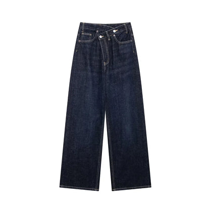 TRAF Women’s Basic Hundred Jeans — High Waist Asymmetric Wide-Leg Trousers, Casual Straight-Leg Fashion Jeans