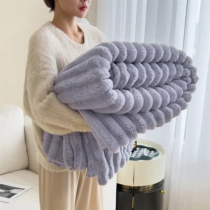 Simplicity Solid Color Flannel Blanket – Thick Wide Stripe Multifunctional Warm Blanket for Autumn & Winter