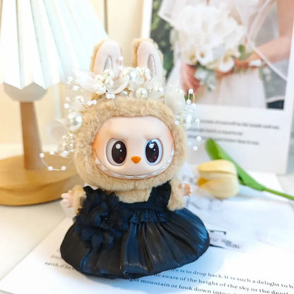 Mini Plush Doll Clothes Bud Skirt with Pearl Hair Accessory — Labubu I & II Kpop Idol Doll DIY Outfit Gift