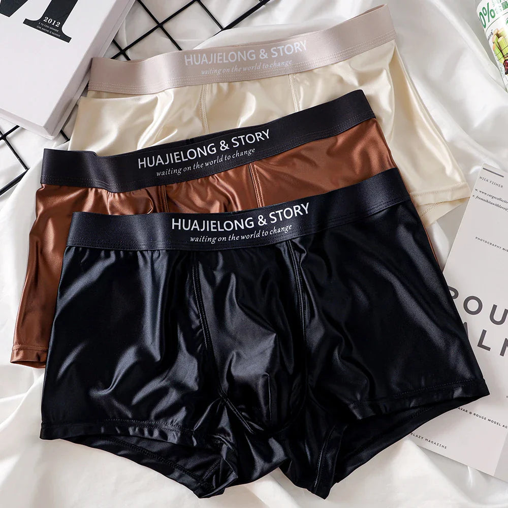 3PCS Luxury Ice Silk Satin Boxers — Summer Smooth, Cool Solid Men’s Underwear with Breathable Mesh Crotch