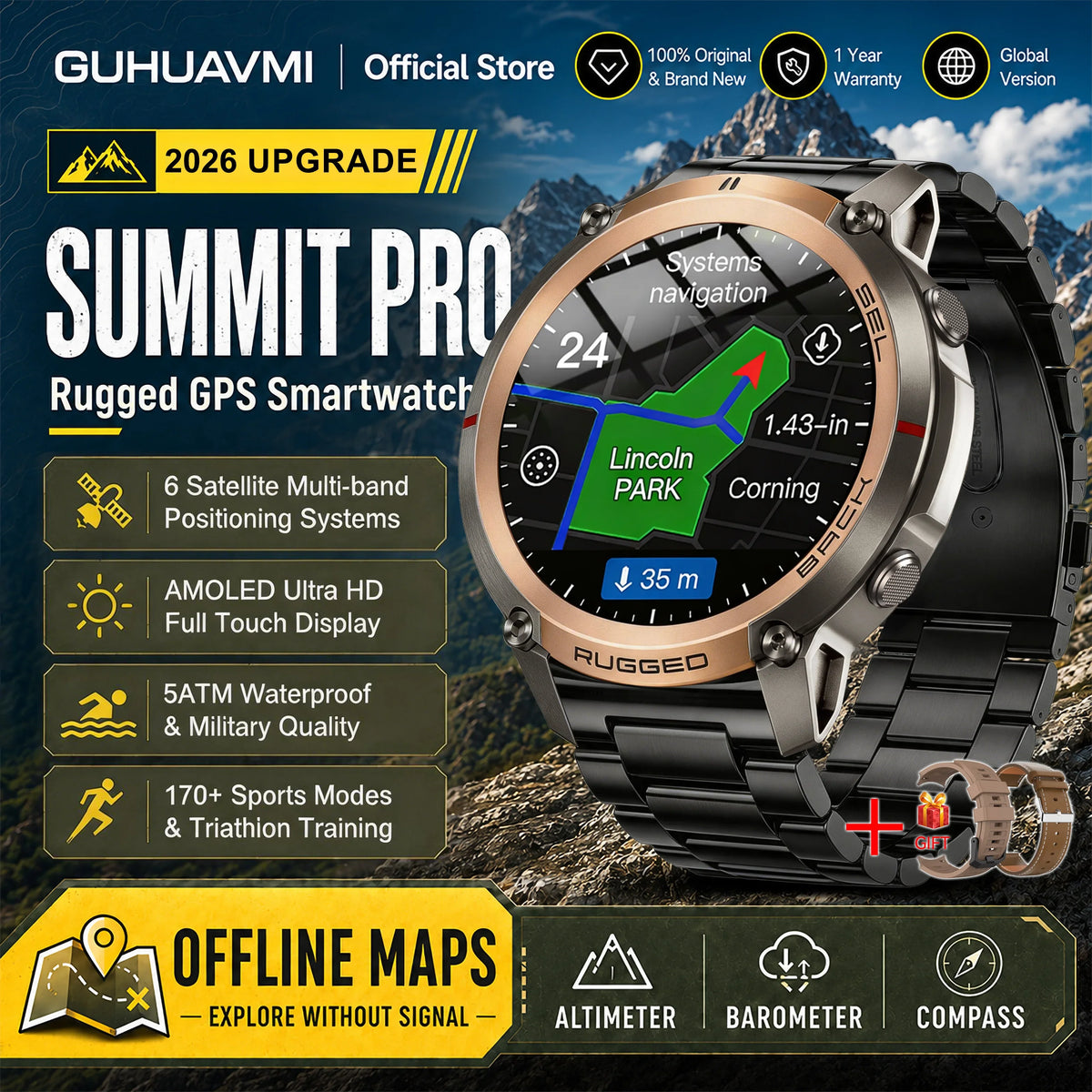 Military GPS Smartwatch for Men - 1.43" AMOLED Display, Bluetooth Calls, Compass, 5ATM Waterproof & 170+ Sports Modes