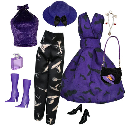 1/6 Doll Halloween Cosplay Outfit – Witch Dress, Cap, Belt, Bag & Broom for 12" BJD / 30cm Dolls