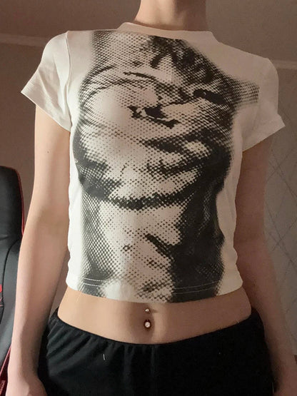 Harajuku Animal Print Crop Top - Women’s Y2K Vintage White Short Sleeve Slim Fit Casual T-Shirt