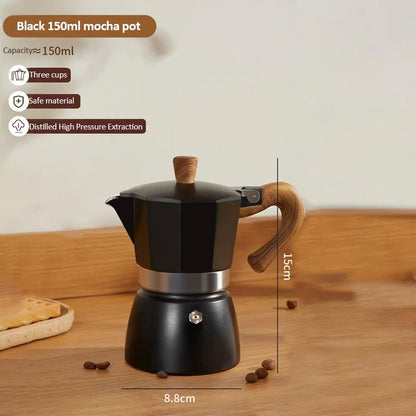 Vintage Wooden Handle Moka Pot – Classic Italian Espresso Maker 150ml/300ml for Home & Cafe Use