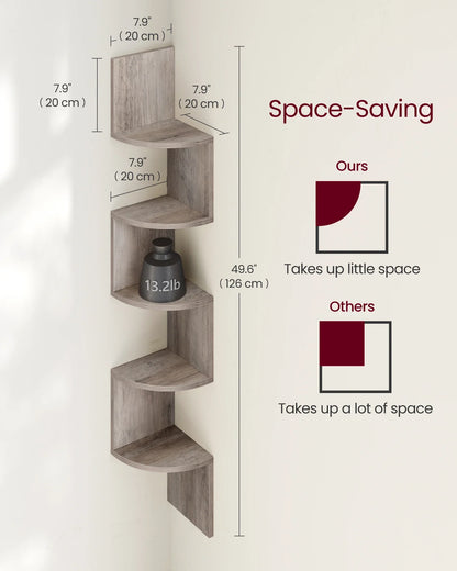 VASAGLE 5-Tier Corner Wall Shelf – Floating Bookshelf & Plant Display for Bedroom, Living Room, Bathroom, Home Office