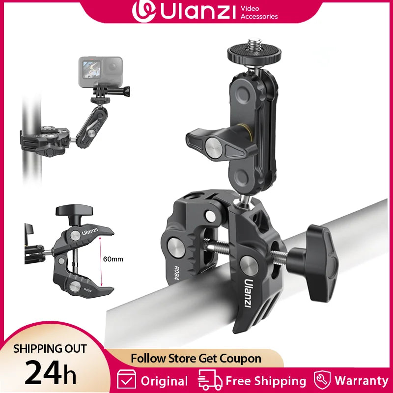 Ulanzi R094 Metal Super Clamp with 360° Ball Head Magic Arm, 1/4" & 3/8" Holes for DSLR Camera, Monitor, Light, Mic, and Rod Mount
