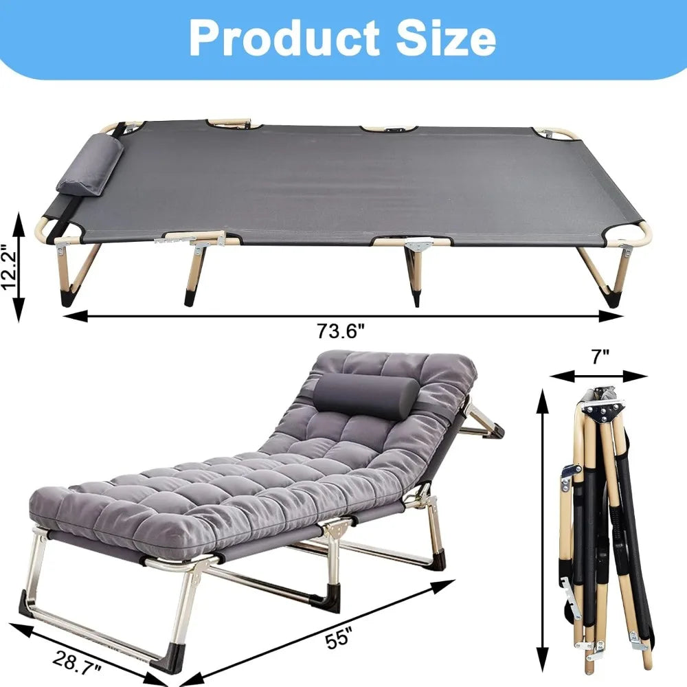 Portable Folding Camping Cot – Reclining Lounge Chair with Pillow & Mattress, 500lb Capacity for Adults