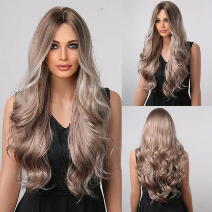 Long Pink Wavy Wig for Women — Middle Part Synthetic Hair, Heat-Resistant, Natural-Looking Cosplay Wig