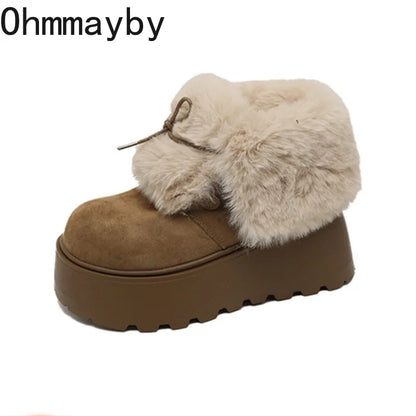 Women’s Winter Chunky Sole Fur Snow Boots – Cozy Height-Boosting Cotton Short Booties