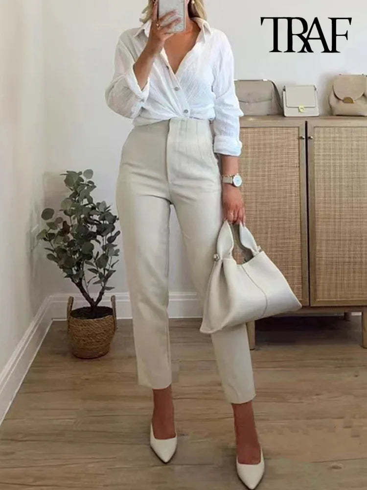 TRAF Women's Fashion Pants: Casual Basic Solid Vintage High Waist Zipper Fly Ankle Trousers with Pockets