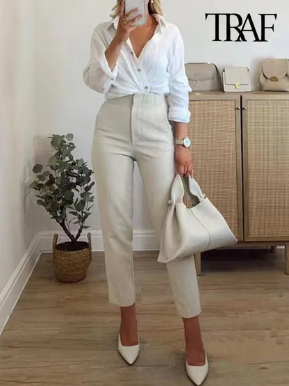 TRAF Women's Fashion Pants: Casual Basic Solid Vintage High Waist Zipper Fly Ankle Trousers with Pockets
