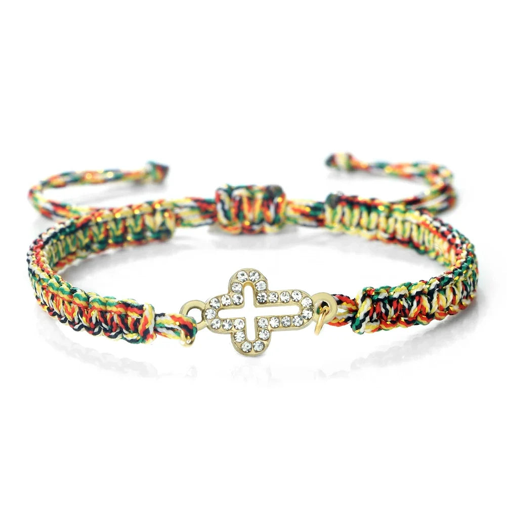 Crystal Hollow Cross Bracelet - Braided Prayer Healing Bangle Jewelry Gift for Women & Yoga Lovers