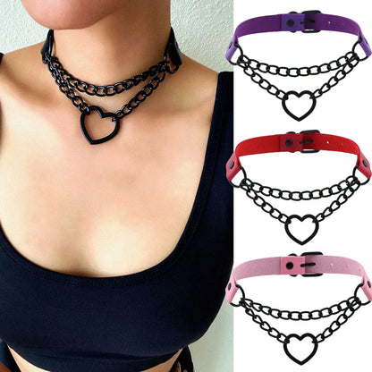 Vintage Heart Necklace Choker – Goth Collar with Chain, Grunge Punk, Cute Kawaii Egirl Harajuku Accessories for Girls