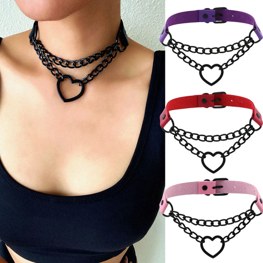 Vintage Heart Necklace Choker – Goth Collar with Chain, Grunge Punk, Cute Kawaii Egirl Harajuku Accessories for Girls