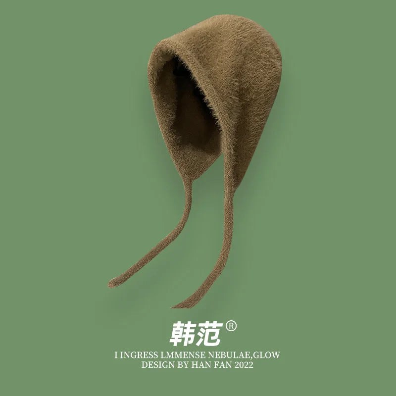Y2K Cute Beanie Hat – Warm Japanese Knit for Autumn & Winter, Ear Protection, Tie Pullover Cap for Men & Women