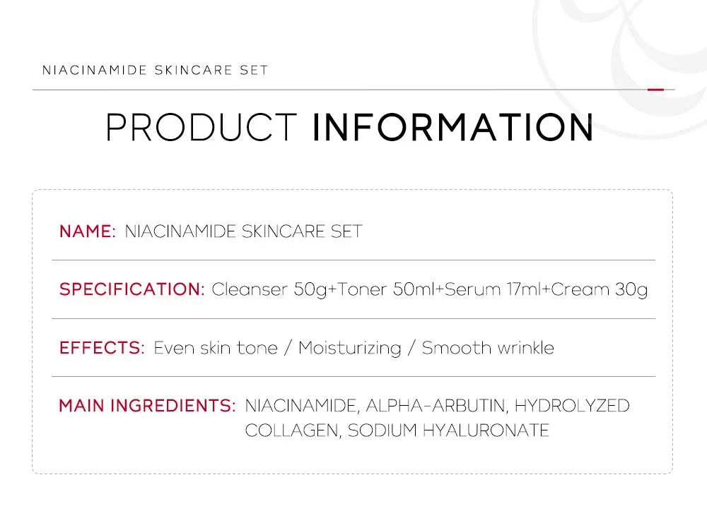 Niacinamide Skin Care Set – Oil Control, Anti-Wrinkle & Whitening Face Serum, Cream, Toner 4-Piece Kit