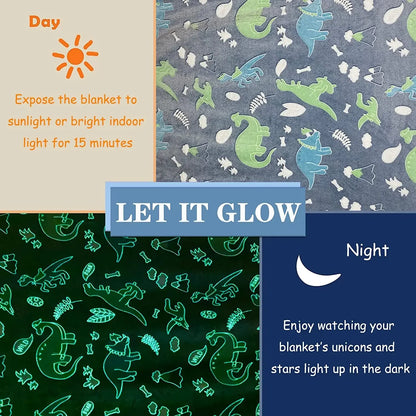 Luminous Unicorn & Dinosaur Plush Blanket – Glow-in-the-Dark Soft Flannel Throw for Boys & Girls, Christmas Gift
