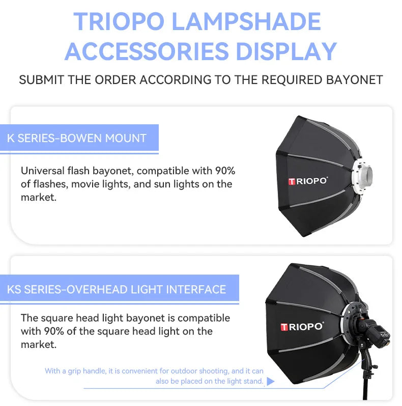 TRIOPO Foldable Octagon Softbox – 55cm, 65cm, 90cm, 120cm Bowens Mount for Sokani X100, COLBOR CL60, Godox & Aputure LED Video Lights