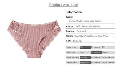 Floral Lace Cotton Women’s Panties - Comfortable Briefs, Solid Color Underwear, 3PCS/Set, Sizes M-XXL