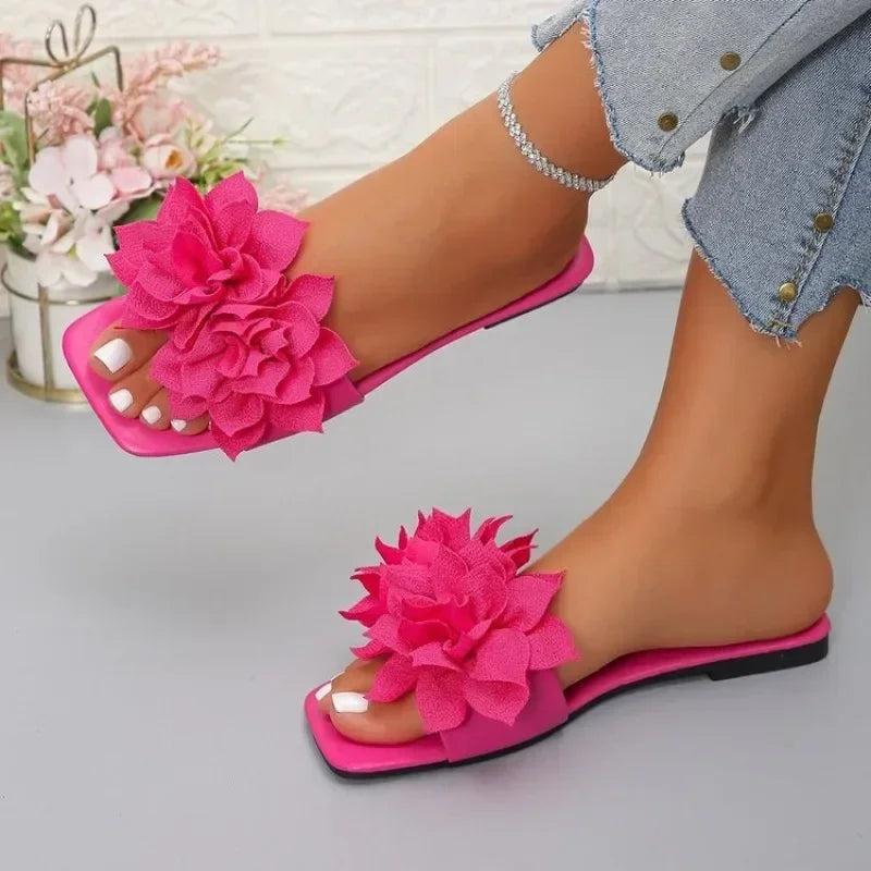 Women's Floral Flat Slippers - Solid Color Open-Toe Summer Beach Slides
