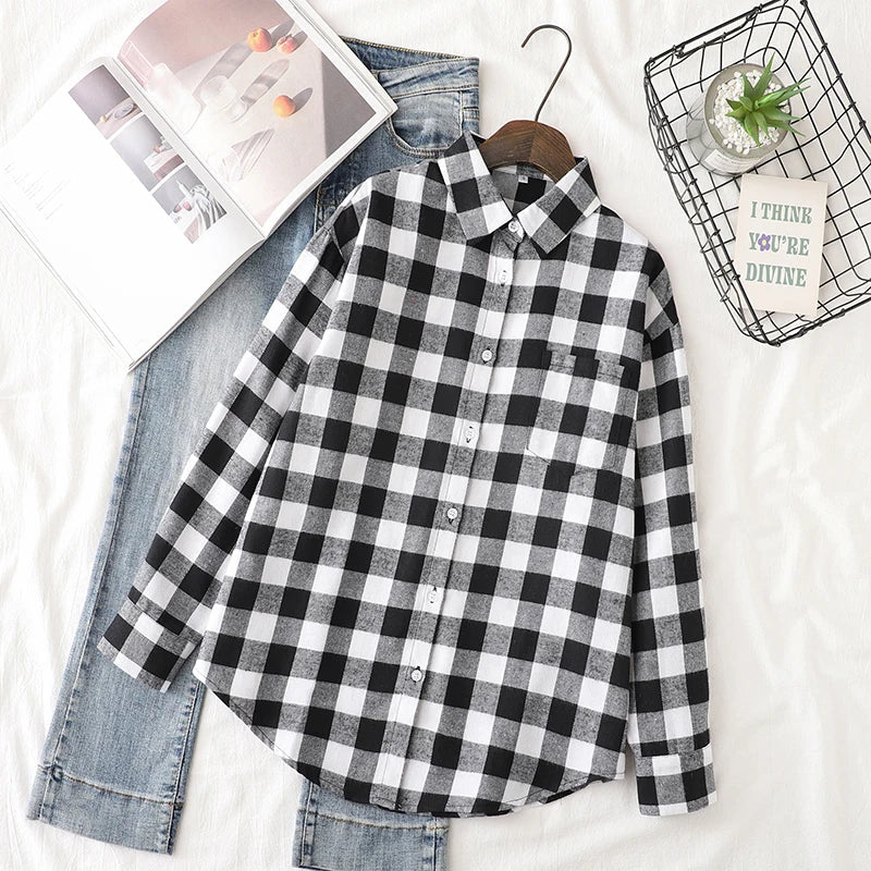 2025 Women’s Flannel Plaid Shirt – Casual Loose Cotton Long Sleeve Blouse, Designer Style Tops