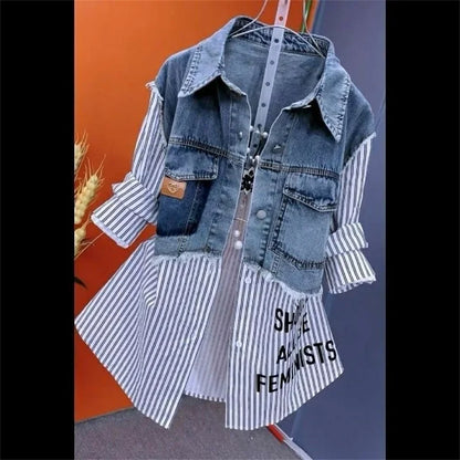 Women’s Denim Jacket – 2025 Casual Fashion, Fake Two Denim Shirts with Striped Stitching, Spring & Autumn Coat