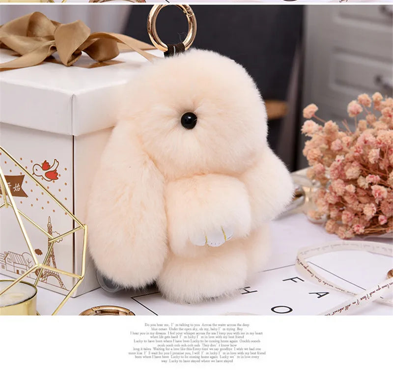 Fluffy Rabbit Fur Pompon Keychain – Cute Bunny Bag and Car Key Ring for Women and Girls