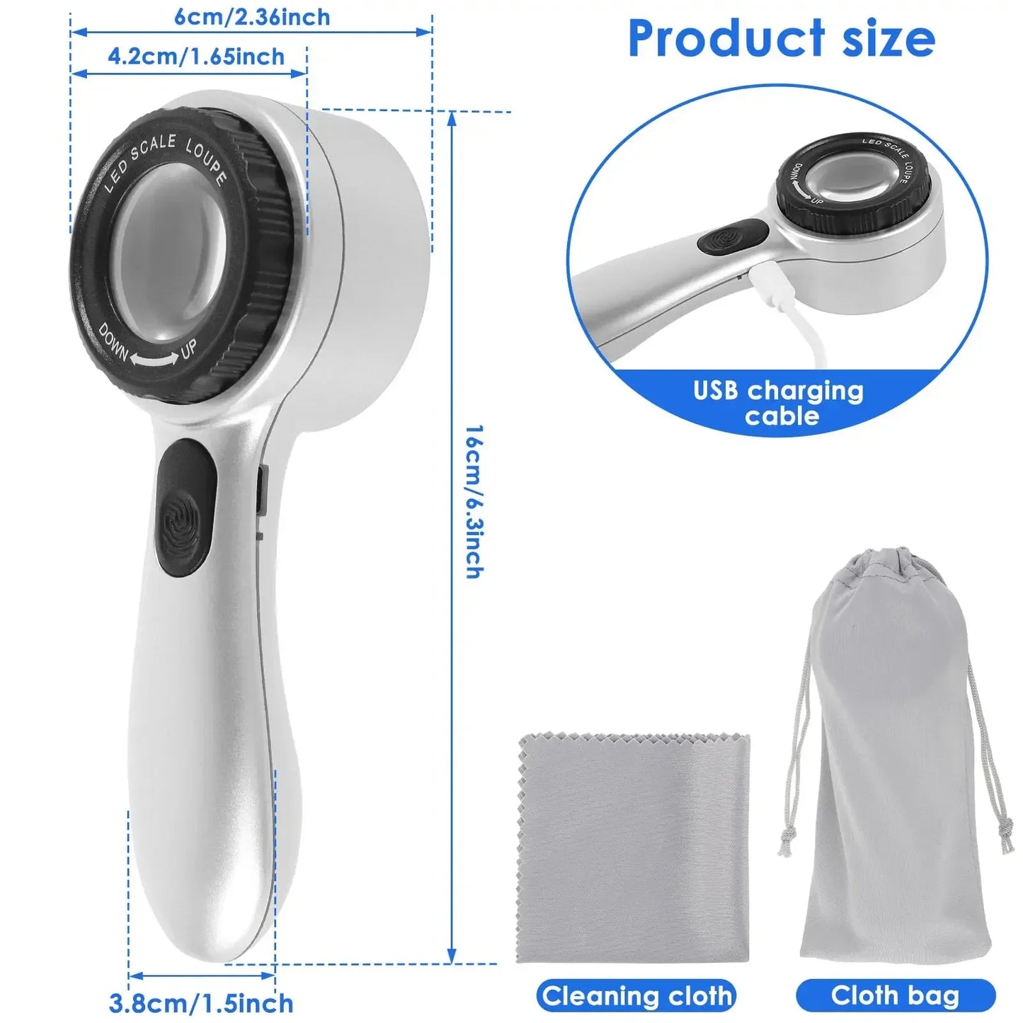 Rechargeable 30X Handheld Magnifying Glass – LED Illuminated Loupe with 4 Light Modes for Jewelry, Reading & Seniors
