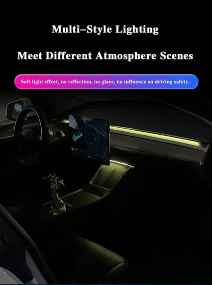 2-in-1 Dynamic Neon RGB Car LED Ambient Lighting – Auto OFF 60s Module for Tesla Model 3 & Y Dashboard Decoration