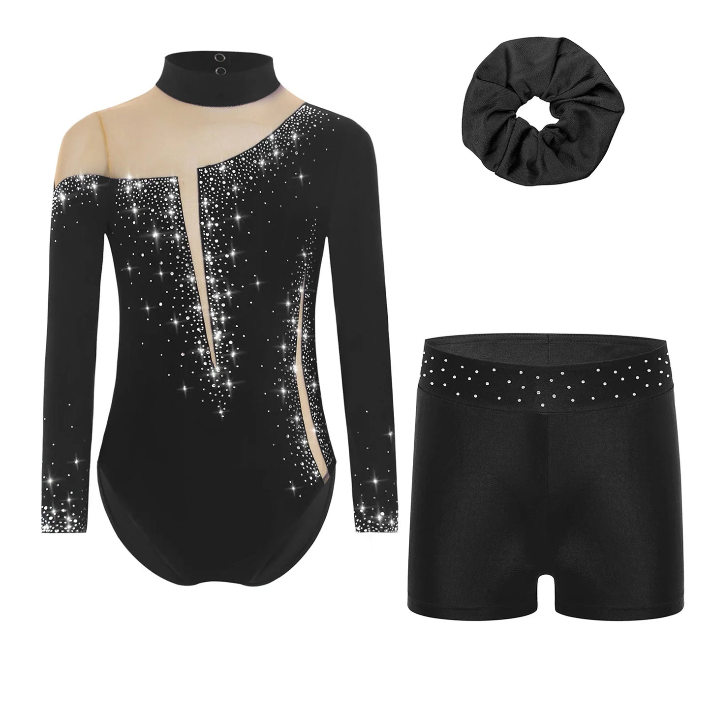 Kids Girls Long-Sleeve Ballet Leotard with Body Shorts & Hair Band — Gymnastics Dance Bodysuit