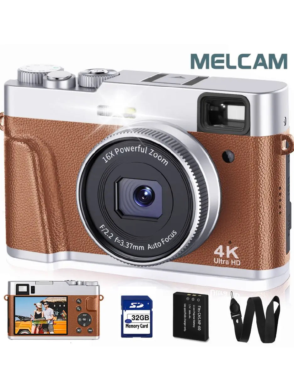 4K Digital Camera – 48MP Auto Focus Vlogging Camera for YouTube, Anti-Shake, Viewfinder, Flash & Dial (Brown)