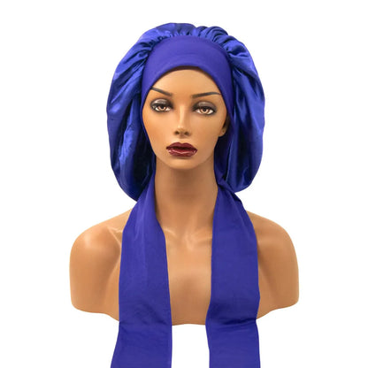 Satin Nightcap for Women - Wide Stretch, Extra-Large Long Tail, Shower Cap with Ribbon, Round Hat Hair Bonnet